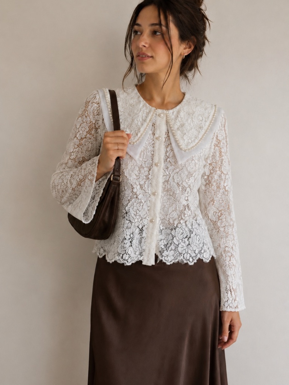 Coquette White Lace Pearl Collar Blouse Sheer Romantic Balletcore Medium